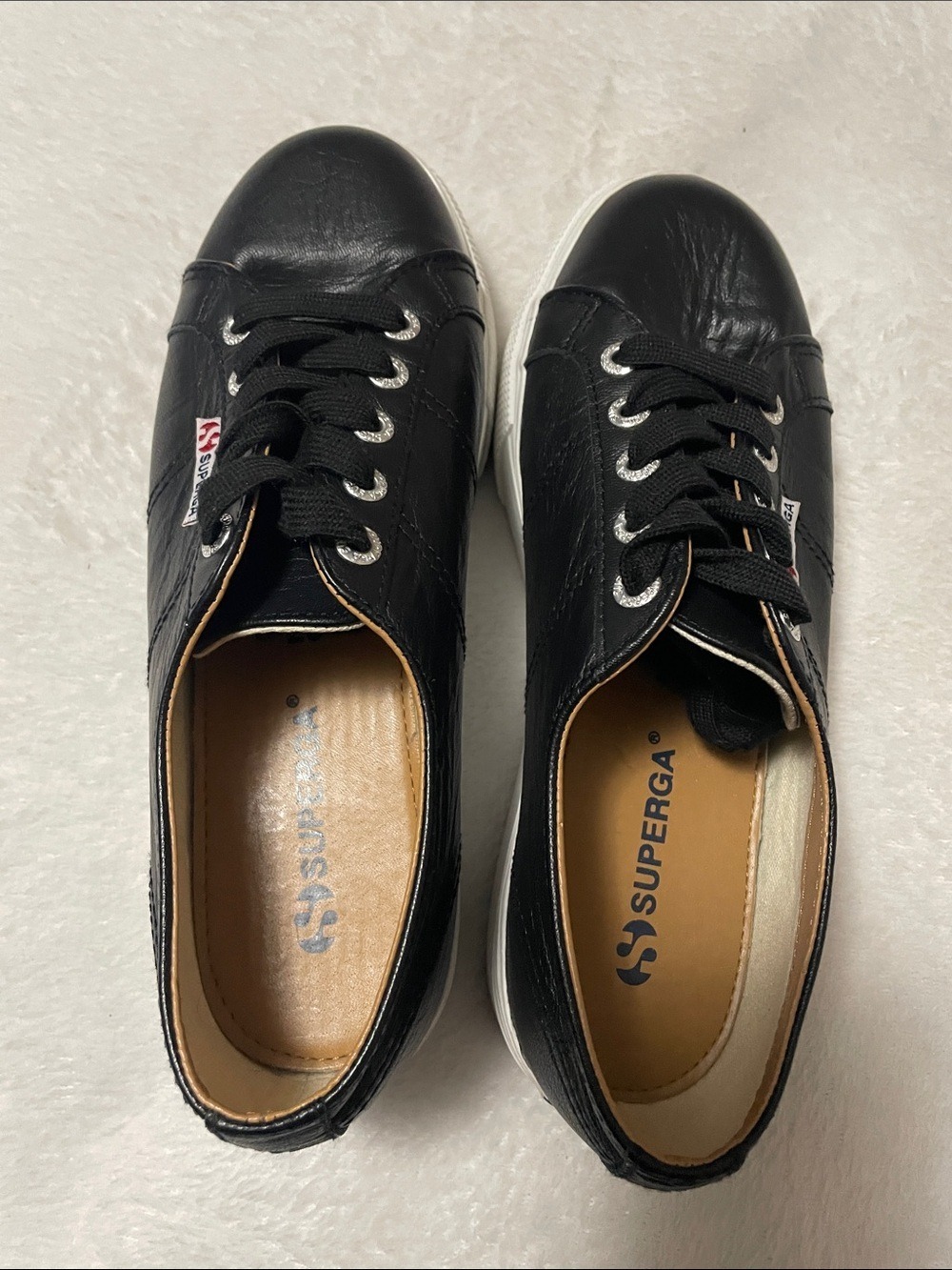 Superga Black Leather Platform Sneakers with White Sole 6.5M - Picture 9 of 11